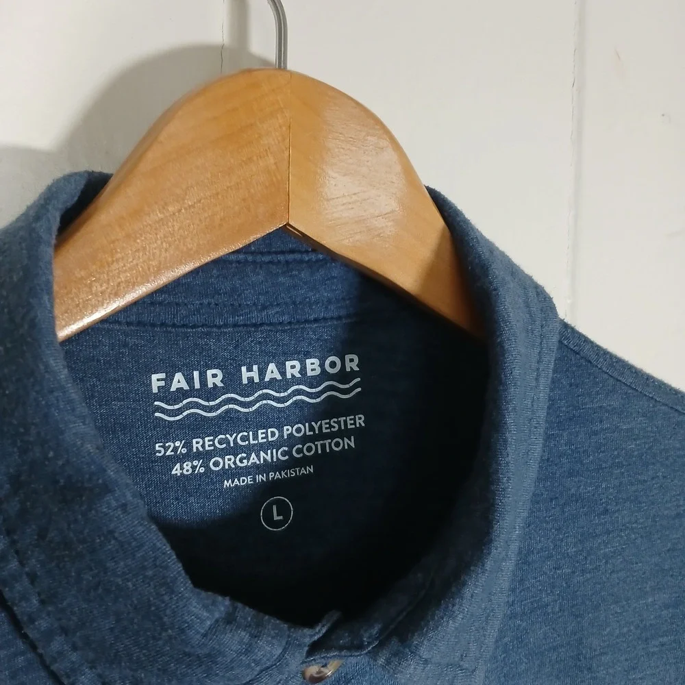 Fair Harbor Polo Shirt Mens Large Blue Recycled Cotton Blend Pocket Short Sleeve